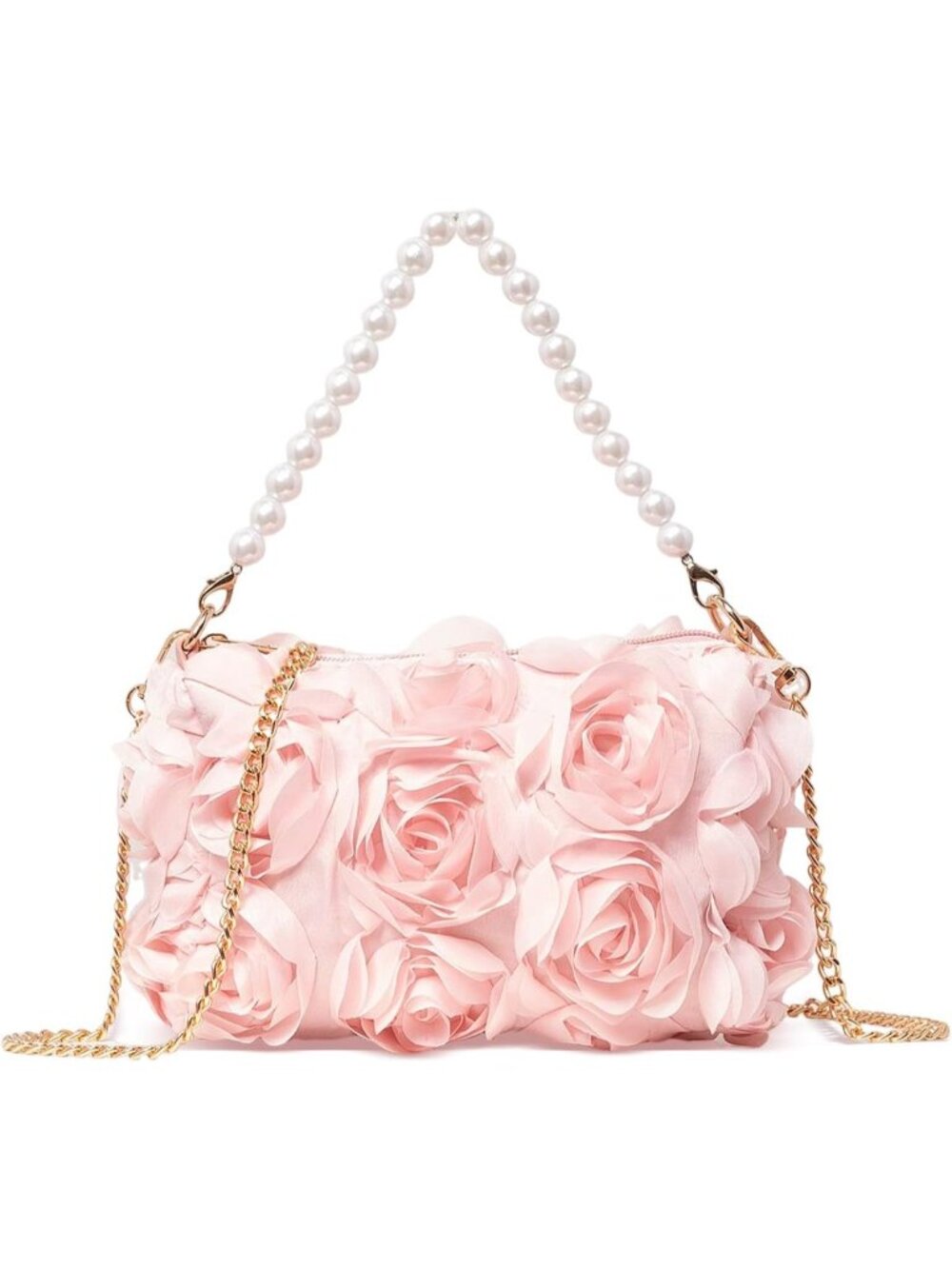 〽️Women's Pink Chiffon 3D Floral Pearl Beaded Top Handle Evening Clutch Bags